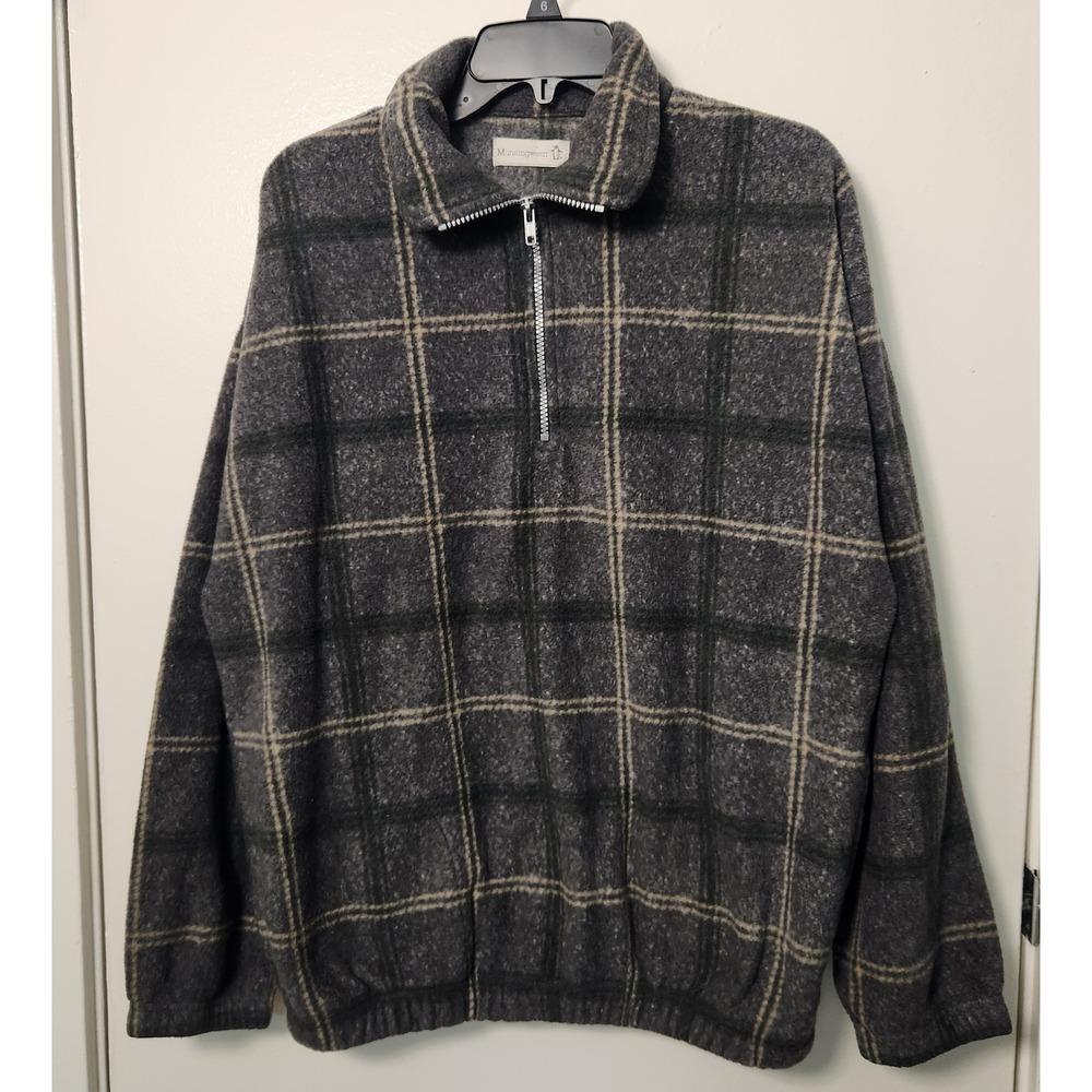 Munsingwear Men's Vtg 1/4 Zip Fleece Pullover Large Elastic Waist Plaid‎ Gray